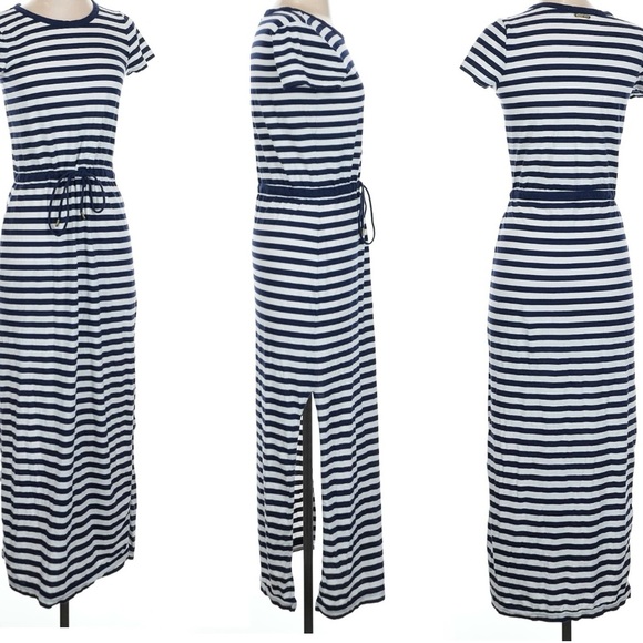 Michael Kors Black White Stripe T- Shirt Long Dress Side Slit Petite XS-S BNCM2 - Picture 1 of 10